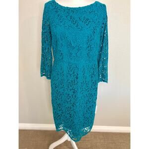 Talbots turquoise crochet lace cut out 3/4 sleeve knee length sheath dress 10